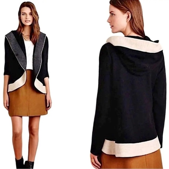Rosie Neira Wool Cape Jacket Women’s Size XXS Black & Cream Hooded Wrap Coat - Picture 14 of 15